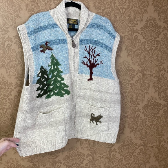 Vintage Jackets & Blazers - Vintage 90s Y2K Novelty Sleeveless Sweater Sweater Vest. Dog Skiing Cabin Geese